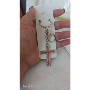 Pink and Silver Rhinestone Cross Keychain